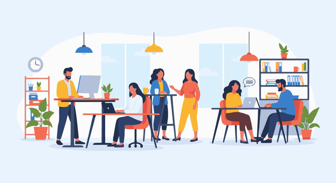 Illustration of diverse professionals collaborating and working in a modern, open-plan office environment