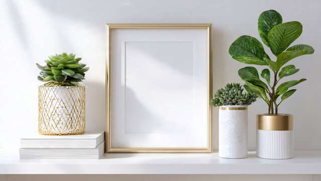 Gold frame and potted plants on white shelf, soft natural lighting, minimalist interior setup, suitable for interior design