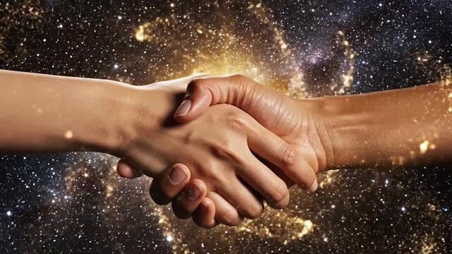 Two hands shaking against starry sky highlighting geometric patterns and contemporary art