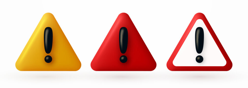 3D warning triangle signs with exclamation mark.