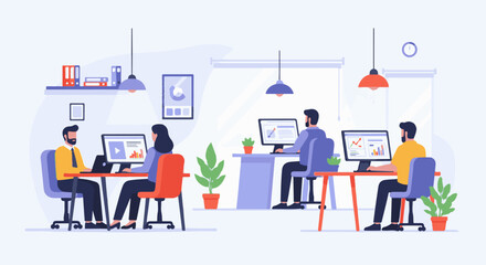 Fototapeta premium Illustration of diverse professionals working at desks with computers in a modern, open-plan office