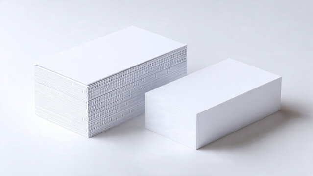 Two neat stacks of blank white business cards on a pure white background, minimalist top view concept for card design