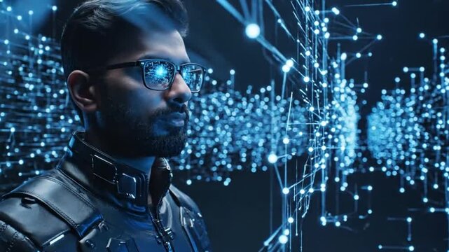 Man in futuristic setting with digital network perfect for IT presentations and tech marketing