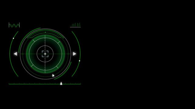 Animation green HUD circle techniology for scans a target on black background.
