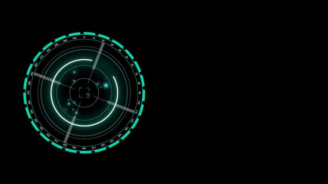 Animation green HUD circle techniology for scans a target on black background.