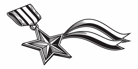 Hand drawn black and white star medal award with striped ribbon and wavy trail illustration military achievement illustration engraved decoration patriotism isolated celebration © Shahin
