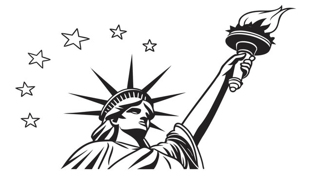 Patriotic statue of liberty vector illustration featuring the iconic monument holding a flaming torch with decorative stars on a plain white background patriotic american monument landmark