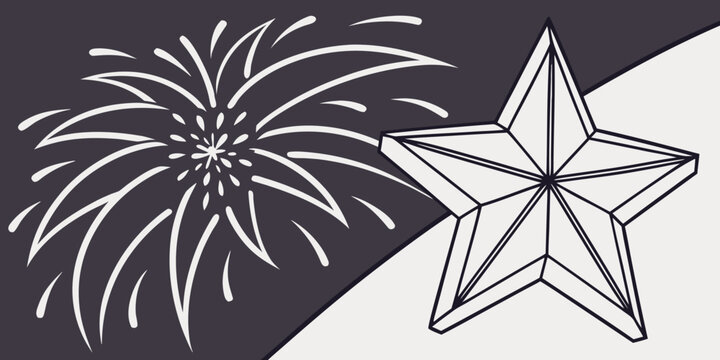 Modern stylized firework and geometric three dimensional star illustration on split tone background for celebration designs with fireworks celebration geometric abstract background contrast