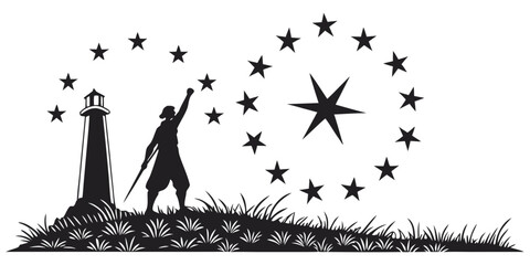 Nautical silhouette illustration of a lighthouse and explorer pointing towards celestial stars with lighthouse silhouette explorer constellation guidance shoreline navigation adventure © Shahin
