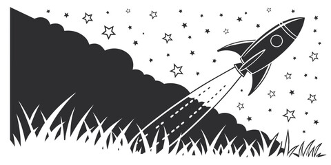 Retro rocket ship taking off from grass field with smoke and stars vector illustration spaceship exploration universe technology silhouette adventure propulsion discovery astronomy © Shahin