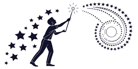 Silhouette of a man creating a magical spiral of stars with a wand in a minimalist black and white vector illustration silhouette imagination creativity sparkler inspiration aspiration © Shahin