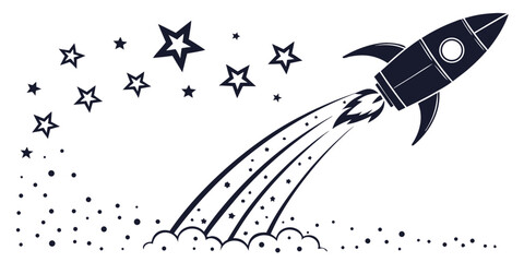 Black and white silhouette vector illustration of a rocket ship blasting off into space with a trail of smoke and stars spaceship blastoff exploration astronomy transport silhouette © Shahin