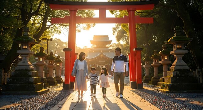 Family walking through Japanese torii gate.