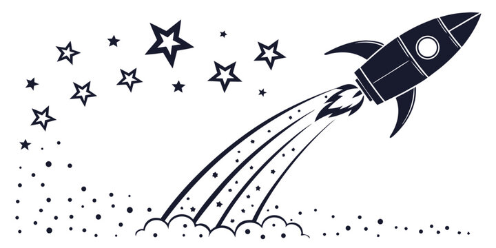 Black and white silhouette vector illustration of a rocket ship blasting off into space with a trail of smoke and stars spaceship blastoff exploration astronomy transport silhouette