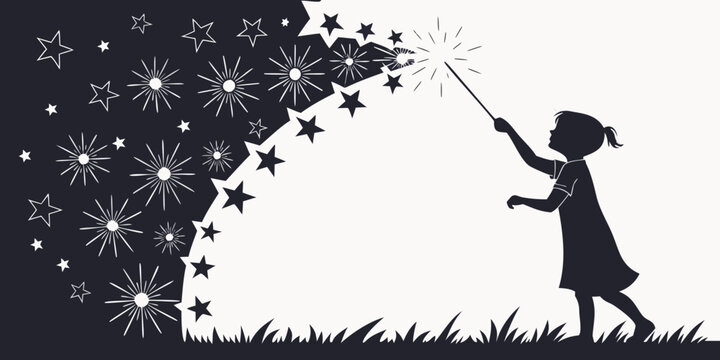 Silhouette illustration of a girl with a magic wand creating a radiant burst of stars and fireworks against a dark circle for magic shows and festive celebrations silhouette firework creative