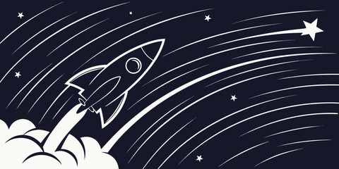 Vector illustration of a rocket ship launching into space leaving a trail of smoke and stars with exploration astronomy trajectory propulsion illustration monochrome background adventure © Shahin