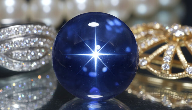 Polished Star Sapphire cabochon gemstone macro with glowing 6-ray asterism