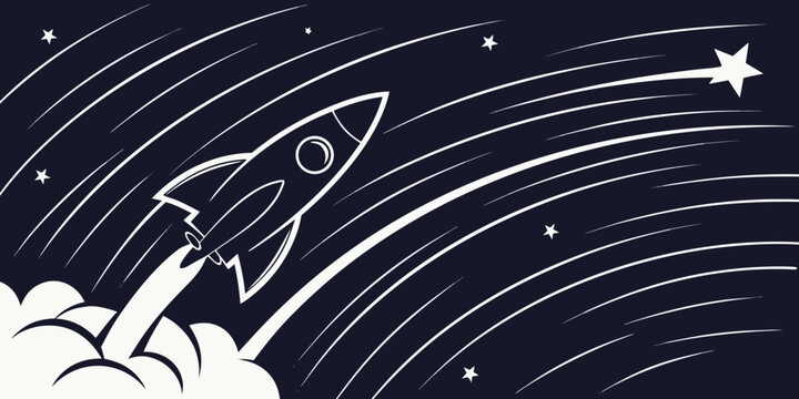 Vector illustration of a rocket ship launching into space leaving a trail of smoke and stars with exploration astronomy trajectory propulsion illustration monochrome background adventure