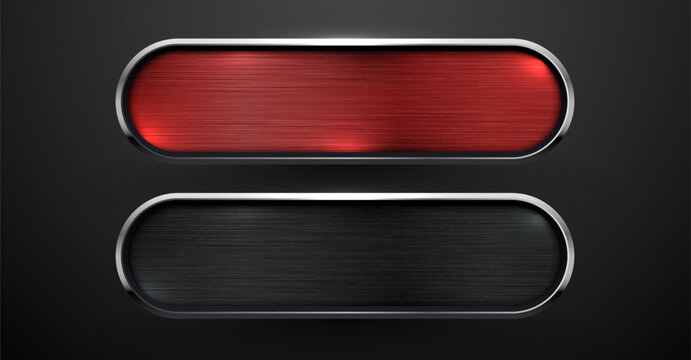Metallic user interface buttons with red and black brushed metal texture. Glossy web element. Vector illustration
