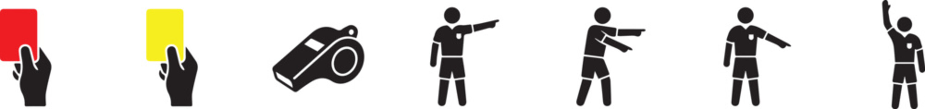 Football Referee Signals Icon Set Red Card Yellow Card Whistle Offside Foul Gesture Silhouette Vector Illustration