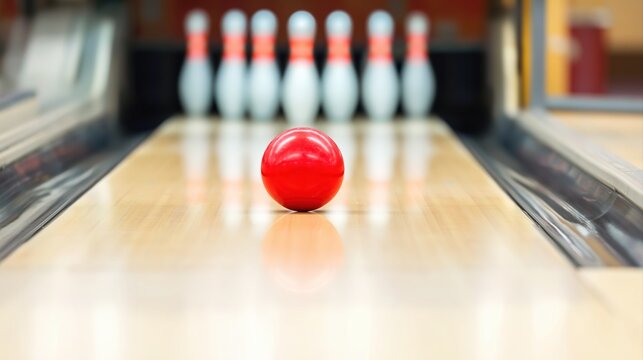 Red billiard ball on a pool table with racked pool balls in the background