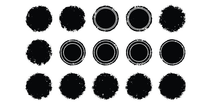 Set of black round distressed grunge stamps and circular ink textures