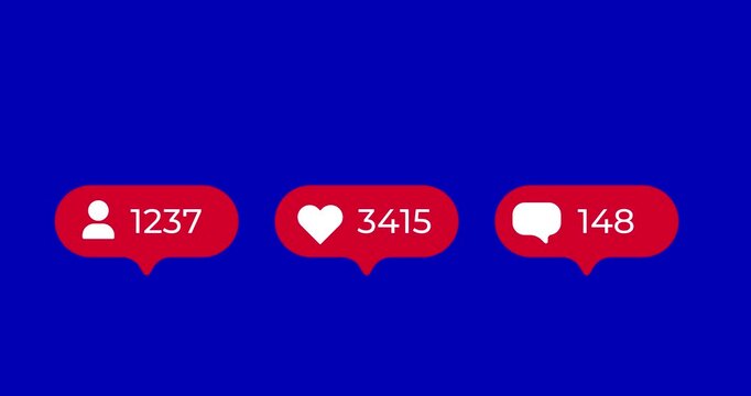 Social media counters with follower, like and comment icons and increasing numbers on speech bubbles. Blue screen chroma key background, motion graphics