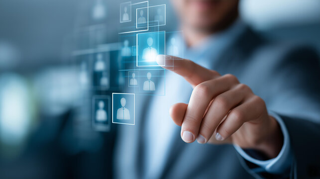 Rear view of a manager selecting a highlighted employee profile from a 3D digital grid of candidates, talent identification concept, recruitment technology, smart hiring interface,