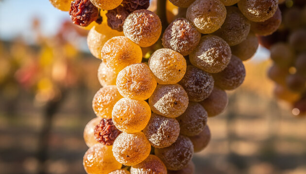 Golden wine grapes with Botrytis noble rot translucent amber berries macro