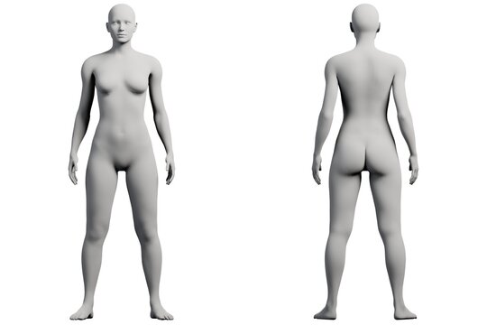 Caucasian woman figure model 2-view front back collage