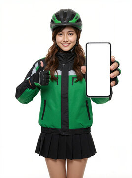 Female delivery rider showing blank smartphone screen and thumbs up