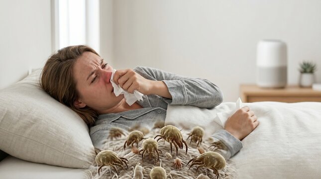 Woman suffering from allergies in bed with dust mites and tissues