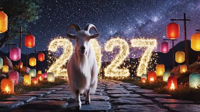 Goat on cobblestone path with glowing 2027 perfect for scenic backgrounds and natural storytelling