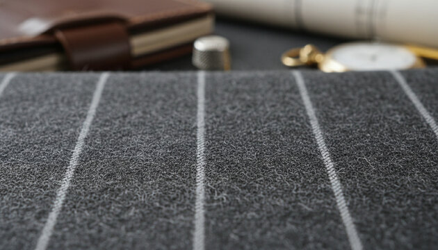 Charcoal grey worsted wool flannel fabric texture with white chalk stripe
