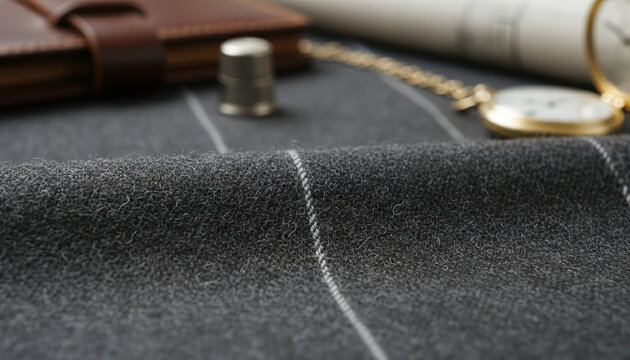 Charcoal grey worsted wool flannel fabric texture with white chalk stripe