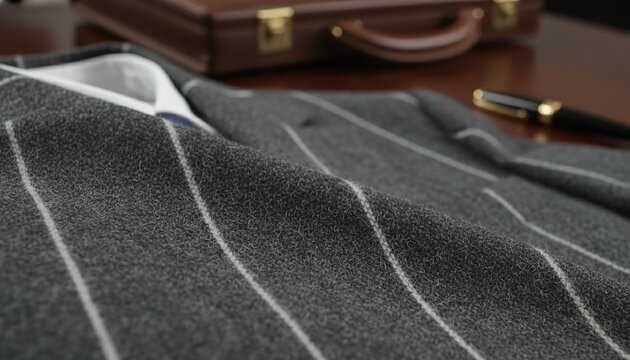 Charcoal grey worsted wool flannel fabric texture with white chalk stripe