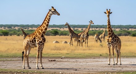 Obraz premium Giraffes standing on savannah road outdoors.