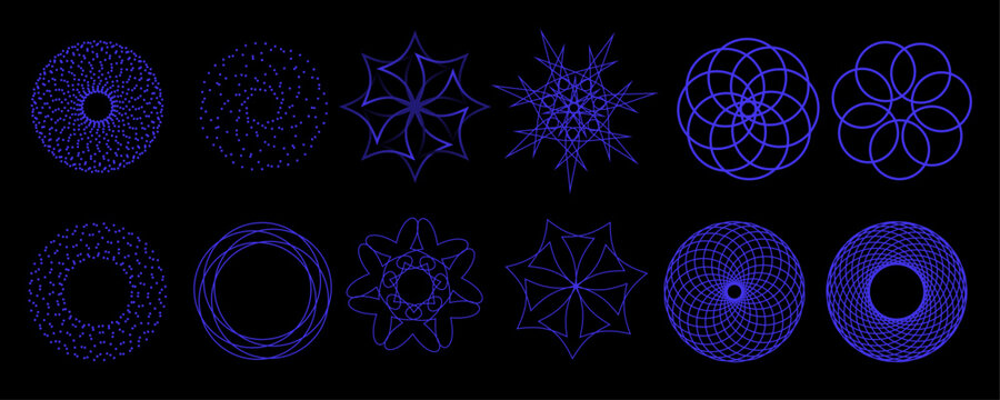 Abstract geometric sacred patterns set with radial mandala shapes spirograph circles and glowing purple line designs on black background