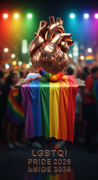 Copper heart on a podium draped with rainbow and pride flags, symbolizing LGBTQI pride and celebration, with blurred crowd and lights in background