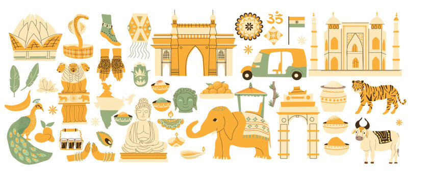 Set of india culture and landmark elements. Vector flat illustration isolated. Indian tourism objects, mehendi, laddy, harvest elements, cartoon asian animals cow, tiger, elephant, peacock and cobra.
