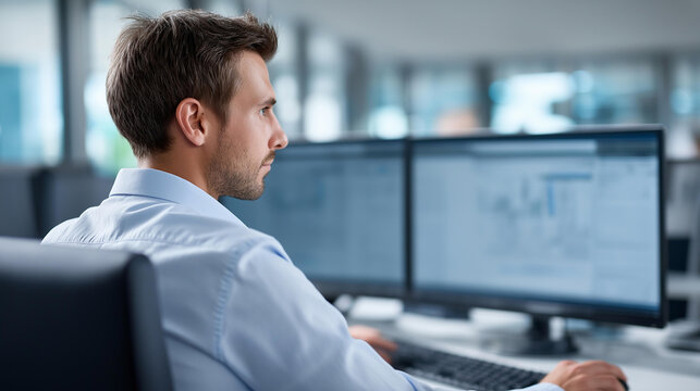 Rear view of an HR professional at a computer screen designing and optimizing HR workflows, process improvement concept, HRIS optimization, human resource system design, defocused
