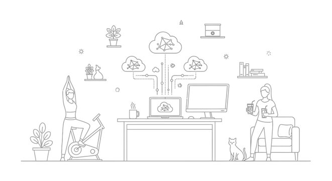 Line drawing of a woman sitting at a desk in a home office with a computer and various office supplies and icons around her.
