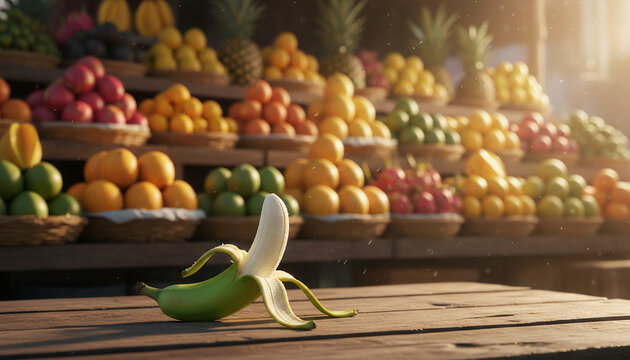 A partially peeled banana rests on a wooden surface, with rows of fresh fruit displayed in the background, suggesting abundance and natural goodness