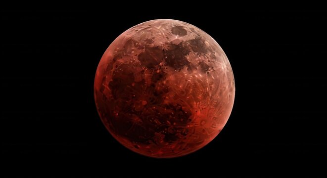 A detailed view of a total lunar eclipse, showing the dark red, copper-colored surface of the moon against a solid black background
