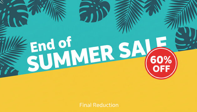 End of summer sale announcement with 60% off discount and tropical leaf motifs, symbolizing seasonal clearance and savings