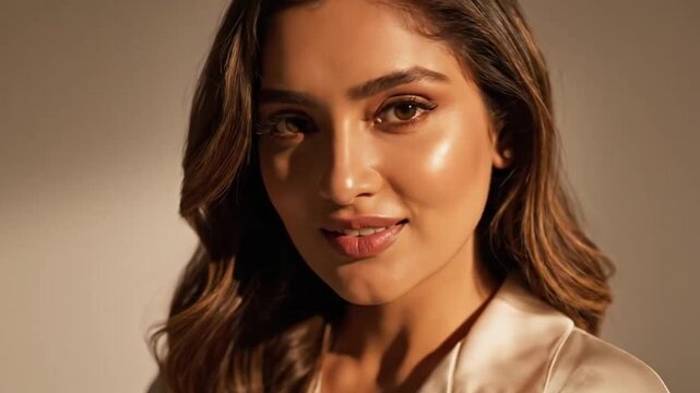Portrait of woman with wavy hair in white top perfect for vlog intros and personal care commercials