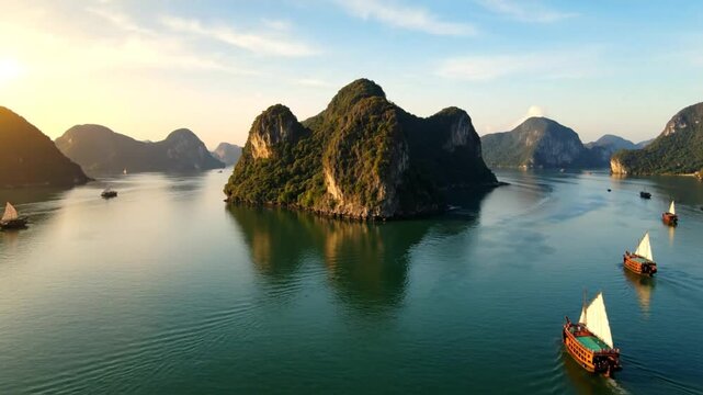 Scenic aerial view of Halong Bay with beautiful limestone karsts and sailboats peacefully floating on water during a sunny day