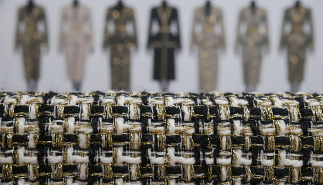 Haute Couture boucle tweed fabric texture with metallic gold yarns