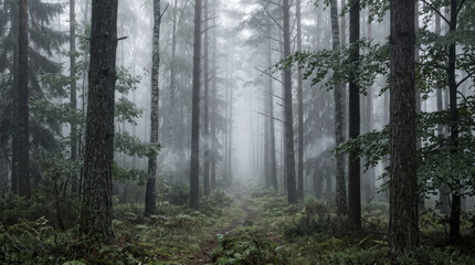 Fototapeta premium Ethereal forest path shrouded in gentle morning mist, evoking serene wilderness and natural beauty in a deep, peaceful woodland scene.