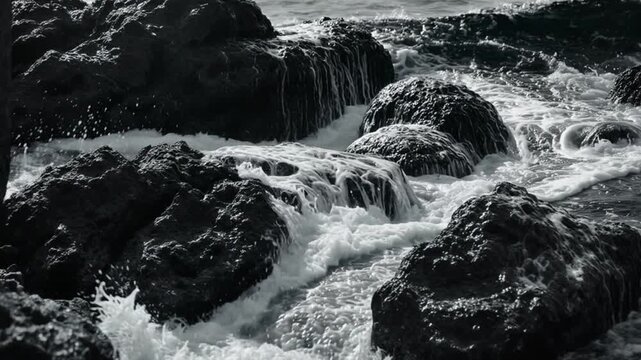 Ocean waves crashing on rocky shore in black and white